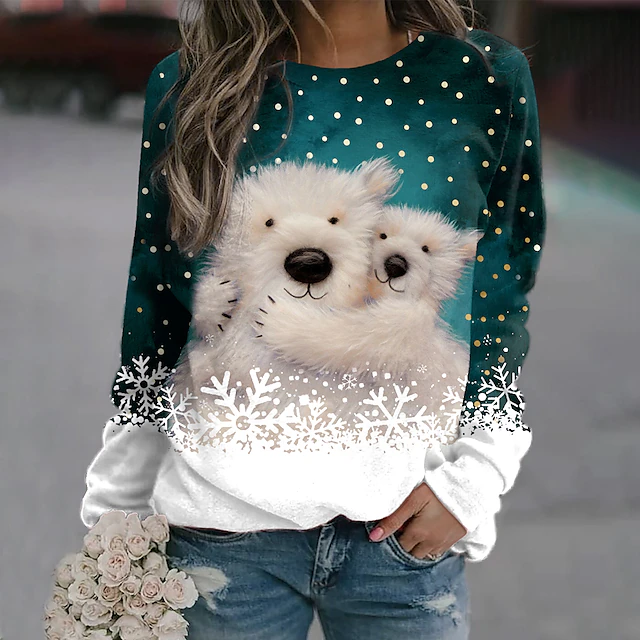 Women's Pullover Sweater Teal Winter Polar Bear Graphic Long Sleeve Crew Neck Holiday Festive Casual Comfort Fit Snowflake Pattern Plus Size 5