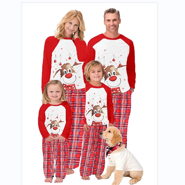  Family Pajamas Cotton Plaid Deer Home Red Long Sleeve Daily Matching Outfits