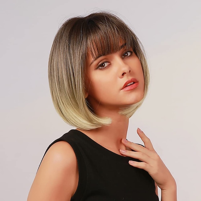  Blonde Bob Wig with Bangs - 12'' Short Blonde Wig for Women Natural Look Color Wigs with Bangs Super Soft and Easy to Wear Straight Bob Wig Synthetic Wig for Daily Halloween