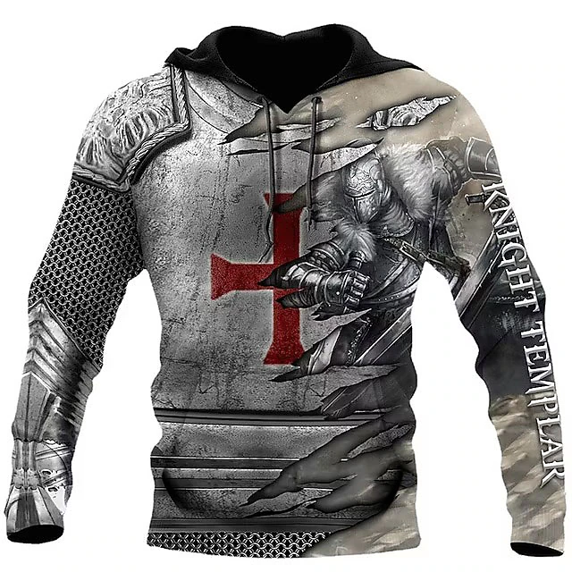 Men's Knights Templar Graphic Prints Cross Viking Hoodie Hoodies Sweatshirt Streetwear Designer Long Sleeve Hooded Daily Sports Gray Print Spring & Fall Designer2