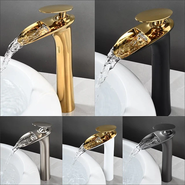 Waterfall Bathroom Sink Mixer Faucet Tall, Mono Wash Basin Single Handle Taps Deck Mounted, Washroom with Hot and Cold Hose Monobloc Vessel Water Brass Tap 20