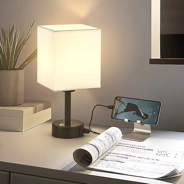  lámpara de noche con puerto usb - lámpara de mesa de control táctil para dormitorio lámpara de mesita de noche de madera con pantalla redonda de tela de lino para sala de estar, dormitorio, oficina en el hogar (bombilla LED incluida)