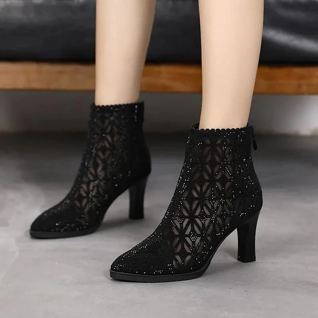 Women's Black Mesh Ankle Boots with Rhinestone Embellishments – Elegant High-Heel Design for Party and Evening Wear 5