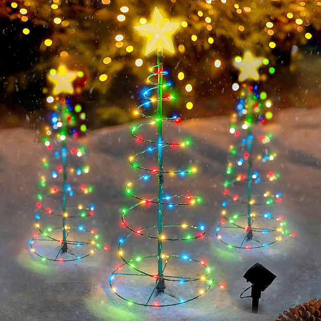  עץ חג המולד עם אורות מסלול חיצוני אורות שמש 50 לדים יתד אורות מחרוזת מנורות גינה חיצונית מתכת עץ חג המולד 6 מ'/19.7 אינץ'