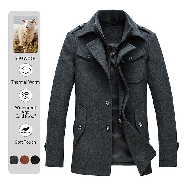  Men's Winter Coat Wool Coat Overcoat Short Coat Outdoor Work Fall & Winter Wool Windproof Warm Outerwear Clothing Apparel Bustiers Essential Solid Colored Rolled collar Single Breasted