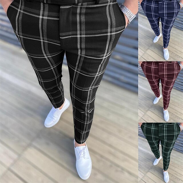 Men's Chinos Trousers Jogger Pants Plaid Dress Pants Chino Pants Pocket Breathable Soft Casual