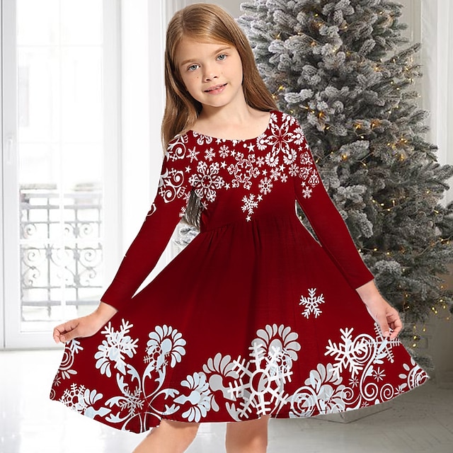  Kids Girls' Dress Snowflake Long Sleeve Casual Crewneck Adorable Polyester Above Knee Casual Dress Swing Dress A Line Dress Fall Winter 3-10 Years Multicolor White Pink