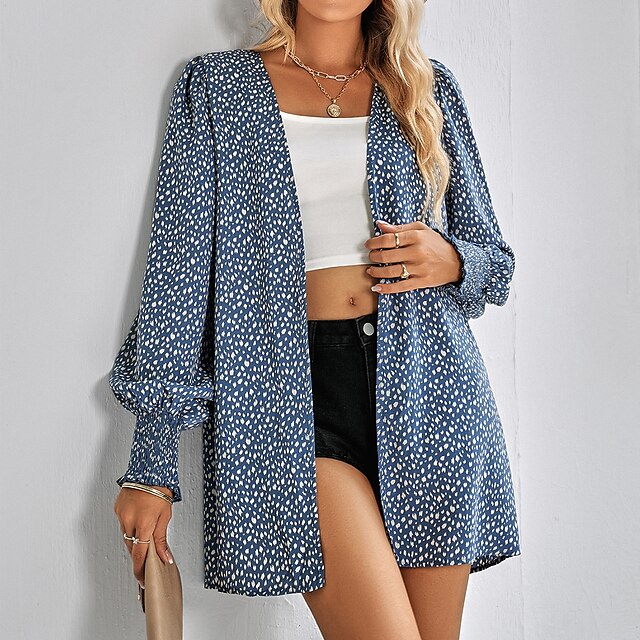  Women's Trench Coat Casual Comfortable Open Front Print Elegant Collarless Slim Leopard Outerwear Winter Fall Long Sleeve Blue Fuchsia Apricot S M L XL