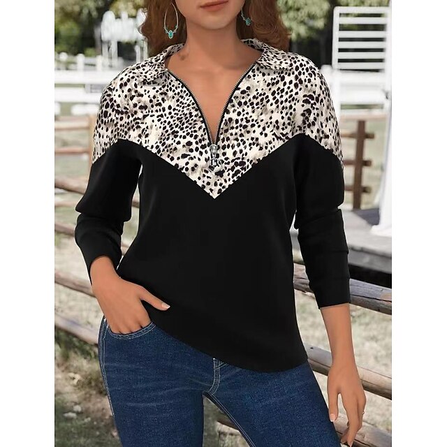  Women's Sweatshirt Zipper Vintage Ethnic Black Leopard Geometric Tribal Home Long Sleeve V Neck