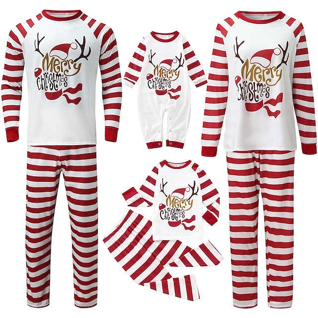  Family Pajamas Cotton Letter Striped Home White Long Sleeve Mommy And Me Outfits Daily Matching Outfits