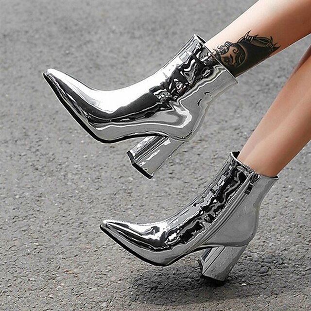 Women's Silver Metallic Ankle Boots with Faux Fur Lining, Pointed Toe and Block Heel, Warm Fashion Short Boots for Autumn Winter Party and Night Out 16