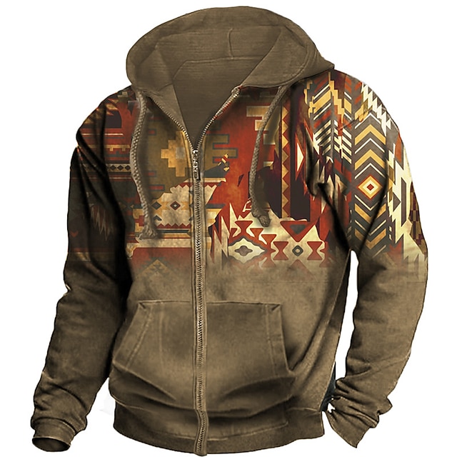 Men's Full Zip Hoodie Jacket Brown Hooded Tribal Graphic Prints Zipper