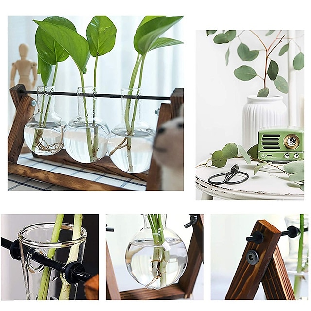 Creative Wooden Frame Glass Vase Tabletop Terrarium Hydroponics Plant Vases Bonsai 3 Transparent Flower Pot with Wooden Tray Home Decor