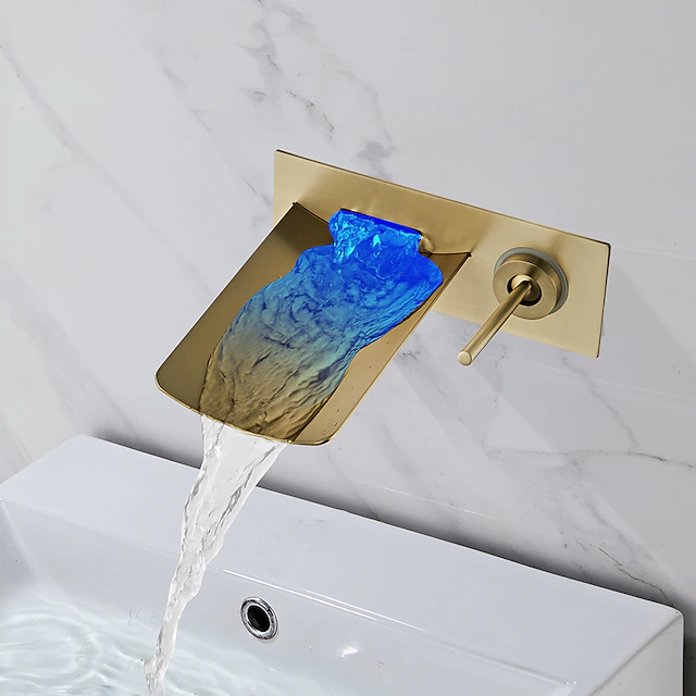 LED Bathroom Sink Mixer Faucet Waterfall Spout 3 Color Water Temperature, Basin Vessel Taps Brass Wall Mounted Single Handle Two Hole Bath Taps With Cold and Hot Hose 15
