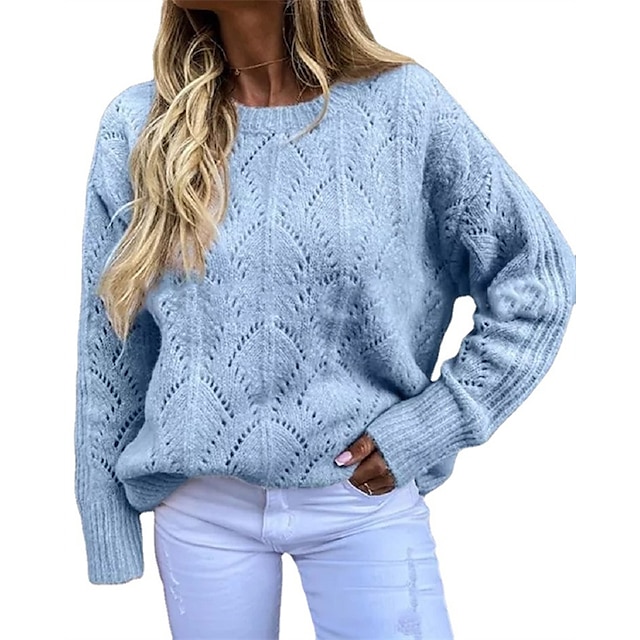  Women's Pullover Sweater Jumper Ribbed Knit Knitted Crew Neck Pure Color Outdoor Daily Stylish Casual Winter Fall Blue Pink S M L / Long Sleeve / Regular Fit / Going out