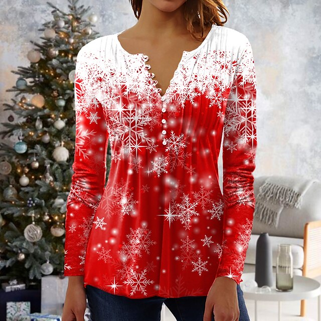  Women's Shirt Blue Pink Red Snowflake Button Print 3/4 Length Sleeve Christmas Streetwear Round Neck Regular S