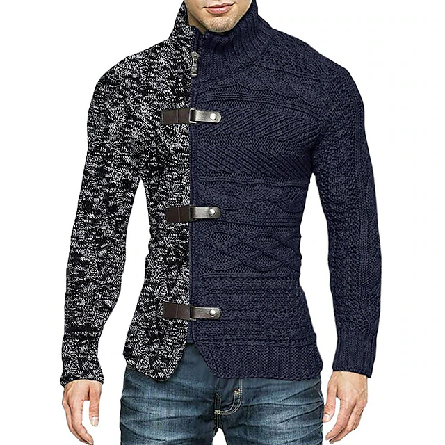 Men's Cardigan Sweater Ribbed Knit Cropped Knitted Standing Collar Warm ...