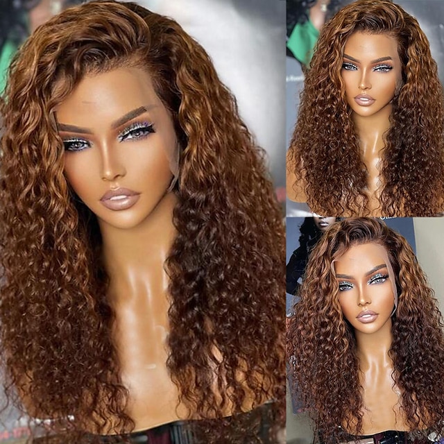  100 % neitsyt hiukset brasilialaisia pitsiä etuperuukki valmiiksi kynitty ruskea värillinen kihara pitsi edessä ihmisen hiuksista peruukki vauvan hiuksilla naisille