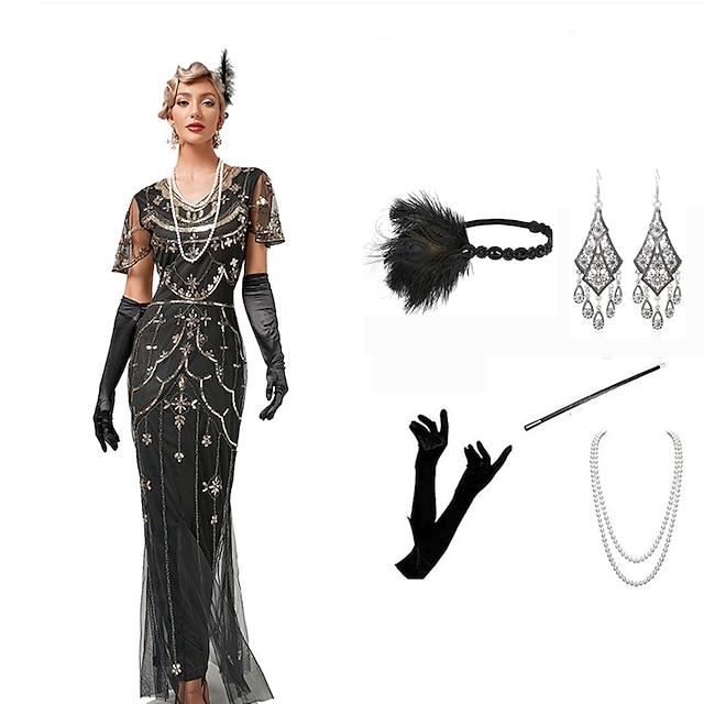  1920s Vintage Inspired The Great Gatsby Flapper Dress Dress Outfits Party Costume Masquerade Long Length The Great Gatsby Women's Sequins V Neck Halloween Halloween Party Evening Dress Dress
