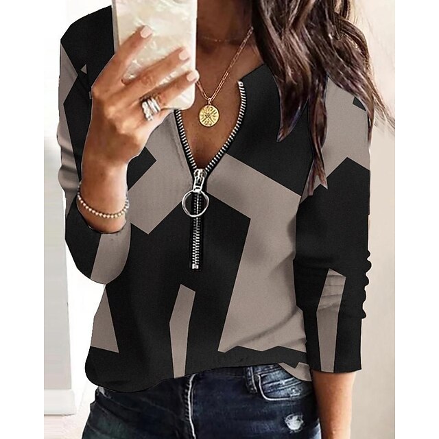 Women's Blouse Zip Up Sweatshirt Sweatshirt Pullover Streetwear Basic Geometric Color Block Abstract Office Casual V Neck Zipper Long Sleeve Black Grey Multicolor Apricot Spring Fall Winter4