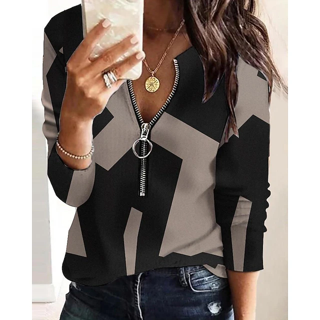 Women's Blouse Zip Up Sweatshirt Sweatshirt Pullover Streetwear Basic Geometric Color Block Abstract Office Casual V Neck Zipper Long Sleeve Black Grey Multicolor Apricot Spring Fall Winter4