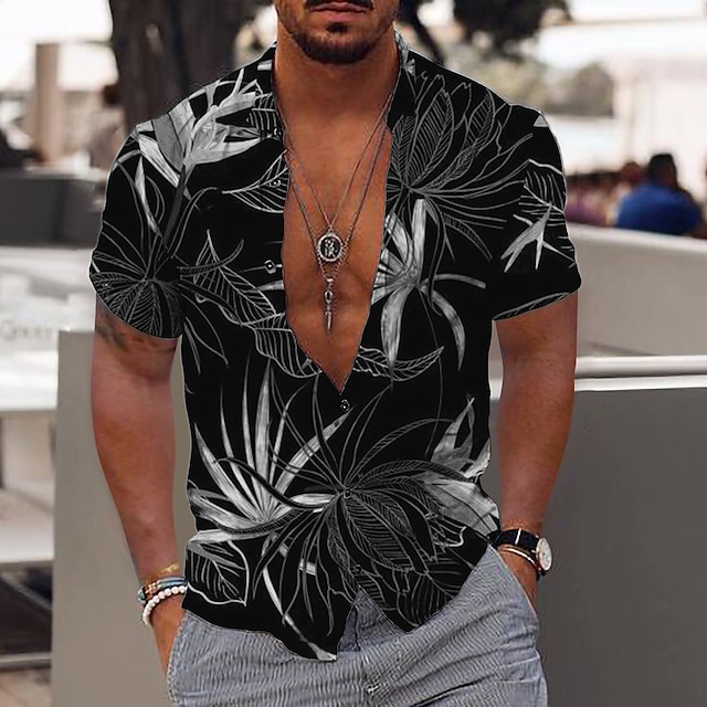 Men's Shirt Graphic Shirt Aloha Shirt Leaves Turndown Black White ...