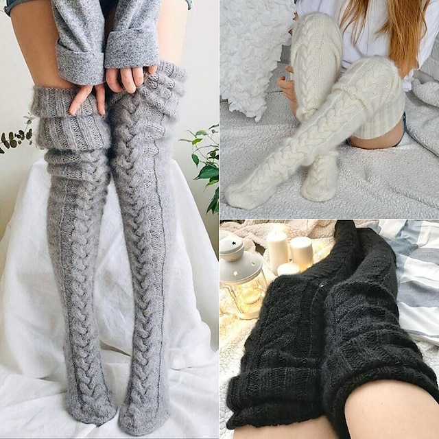  kvinders kabelstrikkede lårhøje støvlestrømper ekstra lange vinterstrømper over knæbenvarmere gulvsokker uld