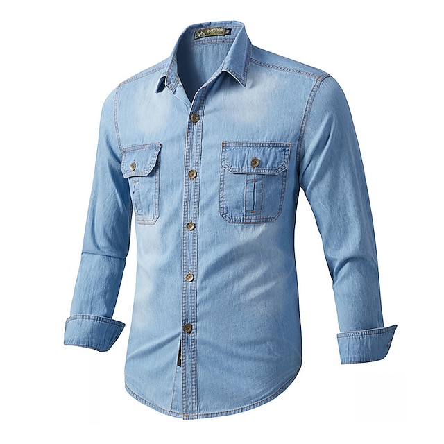  Herr Skjorta Jeansskjorta Blå Ljusblå Långärmad Solid färg Nedvikt Sommar Vår Utomhus Dagligen Kläder Button-Down