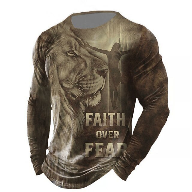 Men's Lion Graphic Prints T Shirt Long Sleeve T shirt 3D Print Crew Neck Shirt Vintage Sports Designer Outdoor Street Casual Brown Spring &  Fall Clothing Apparel S M L XL XXL 3XL2
