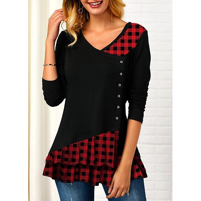  Women's Blouse Tunic Green Blue Red Plaid Patchwork Button Long Sleeve Casual V Neck Regular S