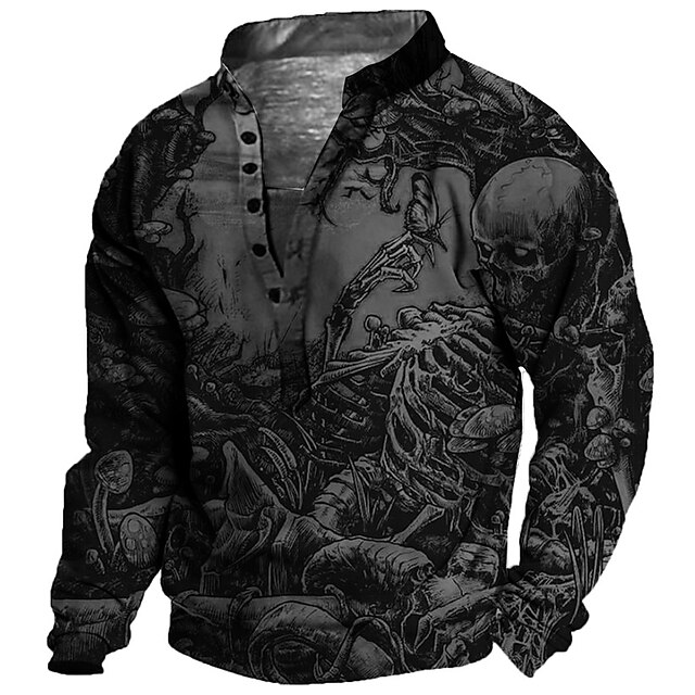 Mens Sweatshirt Pullover Black Standing Collar Skull Graphic Prints