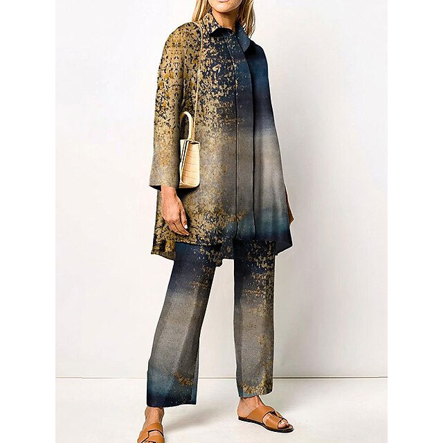 Vintage Print Shirt Pants Sets 2026.Women's 2 Pieces Elegant Vintage Fashion Shirt Blouse Pants Sets Pants ...