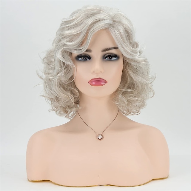  Gray Curly Short Wigs for White Women Silver White Mixed Brown Wavy Bob Wig with Bangs Synthetic Hair Replacement Wig Christmas Party Wigs