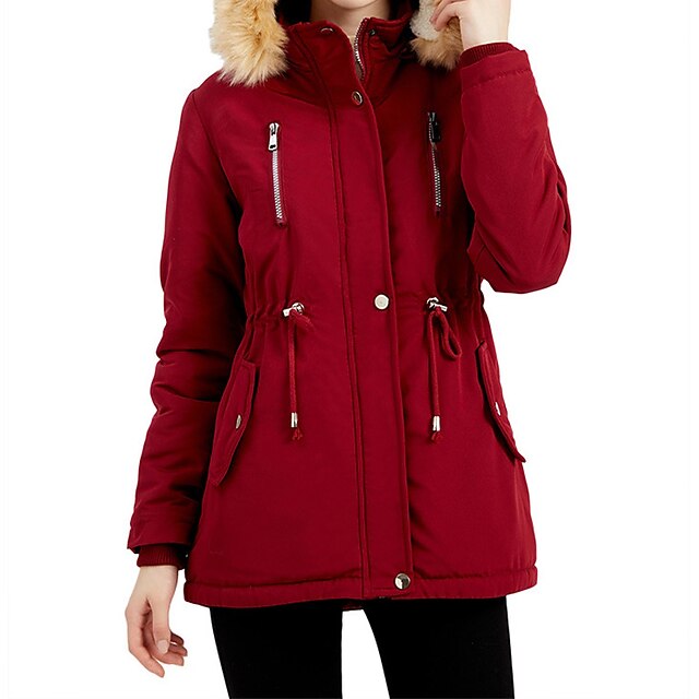  Women's Winter Jacket Winter Coat Parka Outdoor Daily Wear Vacation Going out Warm Breathable Zipper Pocket Fur Collar Fleece Lined Elegant Lady Comfortable Hoodie Regular Fit Solid Color Outerwear