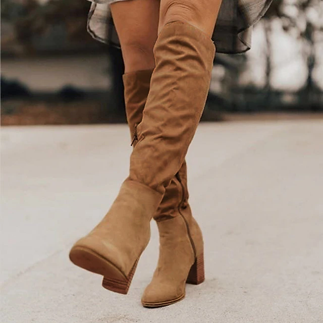 Women's Tan Suede Knee-High Boots with Pointed Toe and Block Heel - Stylish and Comfortable Fall and Winter Footwear 9