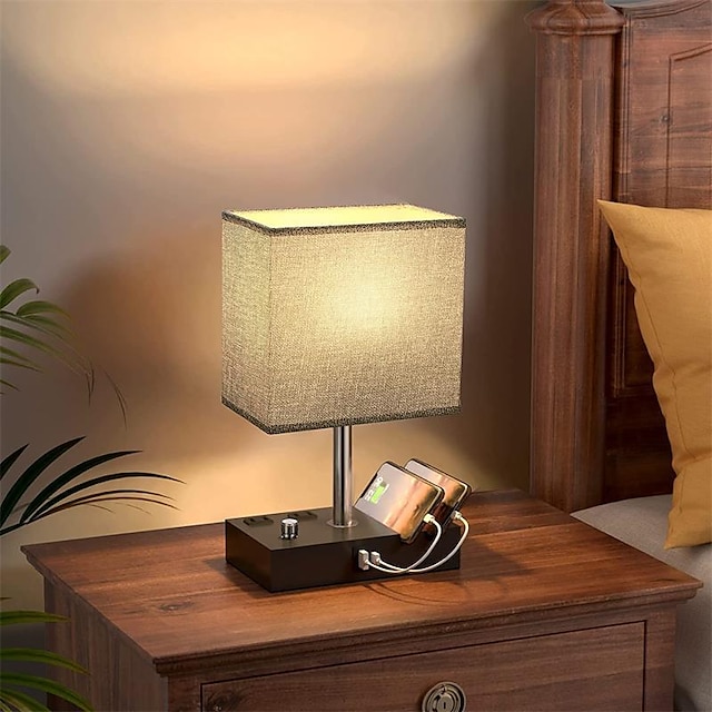  מנורת שולחן לחדר שינה אמריקאי פשוט נורדי כפתור עמעום תושבת טלפון נייד usbc מנורת ליד המיטה נטענת