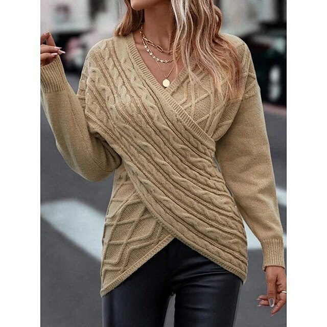 Women's Pullover Sweater Jumper Crochet Knit Knitted Cropped V Neck Pure Color Daily Holiday Stylish Casual Winter Fall Khaki S M L