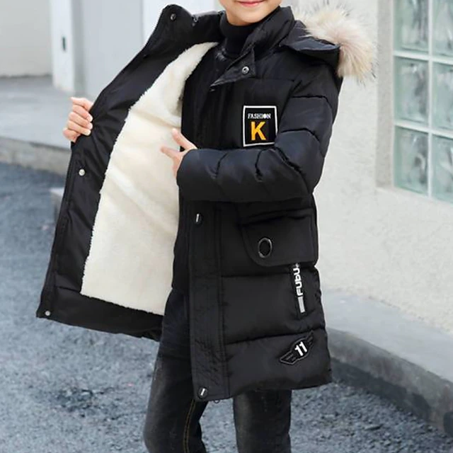 Kids Boys' Down Coat Hoodie Jacket Puffer Jacket Outerwear Solid Color Long Sleeve Pocket Coat Outdoor Cool Daily Black Khaki Fall Winter 7-13 Years 10