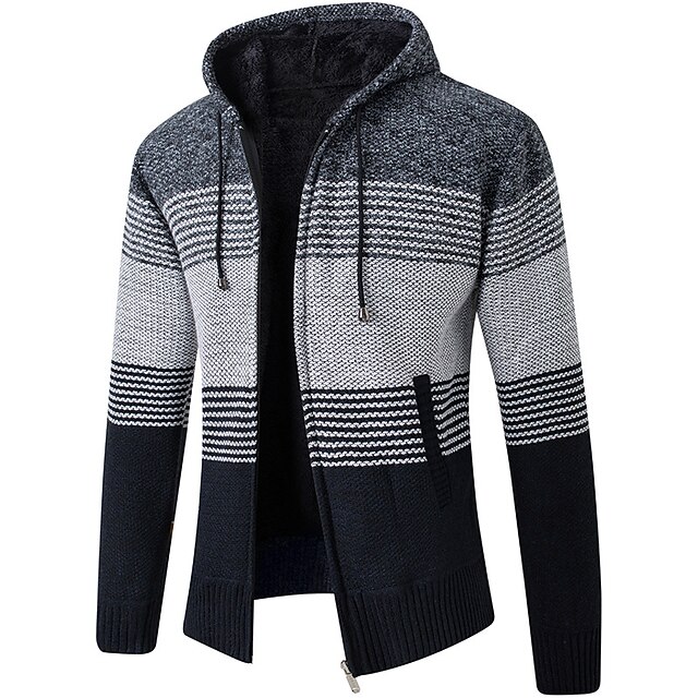 Men's Cardigan Sweater Zip Sweater Fleece Sweater Ribbed Knit Knitted Color Block Hooded Warm