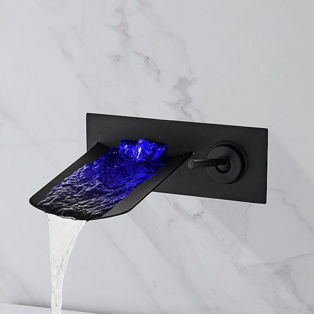  LED-Waschbeckenmischer-Wasserhahn, Wasserfallauslauf, 3-Farben-Wassertemperatur, Waschbeckenarmaturen aus Messing zur Wandmontage, Einhand-Zweiloch-Badewannenarmaturen mit kaltem und heißem Schlauch