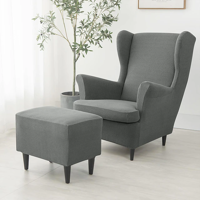 Wing Chair Cover Set, Include Stretch Wingback Chair Slipcover and Ottoman Cover,Burgundy Red Jacquard Wing Back Chair Cover Removable Machine Washable Armchair Chair Cover for Strandmon Chair 27