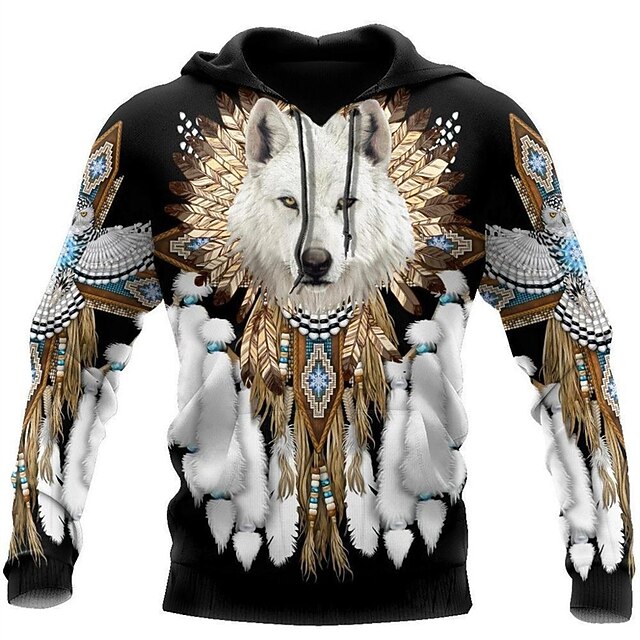 Men's Wolf Graphic Prints Hoodie Hoodies Sweatshirt Streetwear Basic Long Sleeve Hooded Daily Sports Brown Print Spring &  Fall Designer2