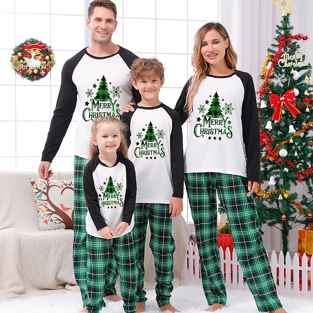  Pajamas Family Plaid Letter Home White Green Long Sleeve Basic Matching Outfits