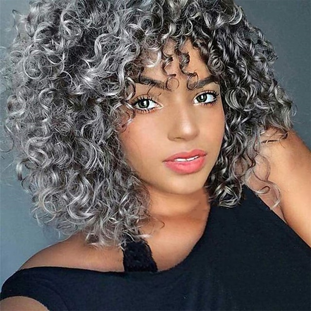  lockiga peruker för svarta kvinnor - ombre grå syntetisk afroamerikansk hel kinky lockigt afrohår peruk med lugg