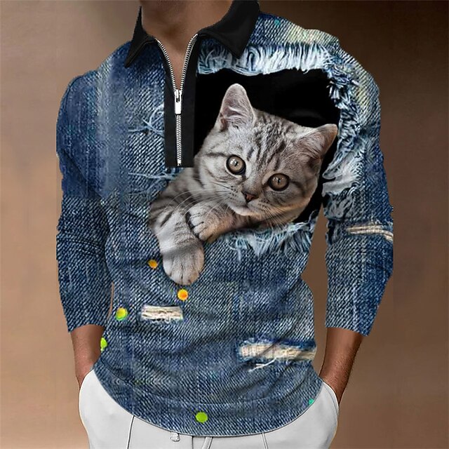Men's Cat Zip Polo Shirts Golf Shirt Long Sleeve Polo Shirts Collared Shirts Casual Funny Streetwear Vacation Wear Party Outfits 3D Print Quarter Zip Polo Black+Black White & Blue Black 8