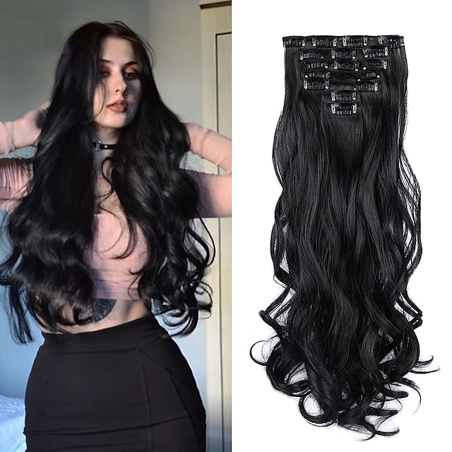 Clip in Hair Extensions 22 Inche Hairpieces 7 Pieces/set Clip On Hair Extension Heat Resistant Synthetic Fiber for Women Daily Use Hair Make Clip Hair Extensions