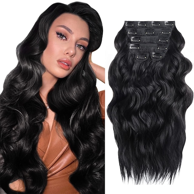  Clip in Hair Extensions 6pcs Clip ins Natural Black hair extensions Body Wavy Curly Clip in Hair Extensions Real Human Hair Feeling Clip on Sew in Hair Synthetic for Black Women