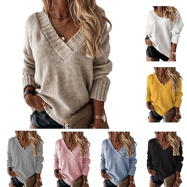  Women's Sweater Solid Color Casual Long Sleeve Loose Sweater Cardigans V Neck Fall Winter Blue White Black / Holiday