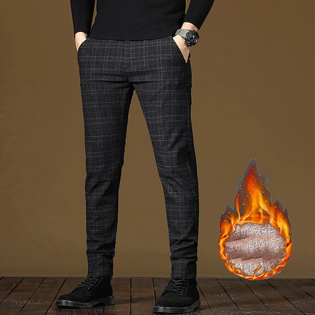 Men's Fleece Pants Winter Pants Trousers Chinos Plaid Dress Pants Pocket Elastic Waist Plaid Comfort Breathable Daily Holiday Going out Streetwear Classic Style Black Blue Micro-elastic 10