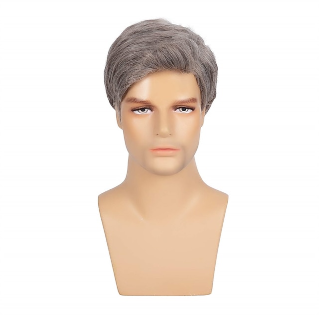 Mens Short Wig Grey Straight Natural Synthetic Cosplay Hair Wigs for